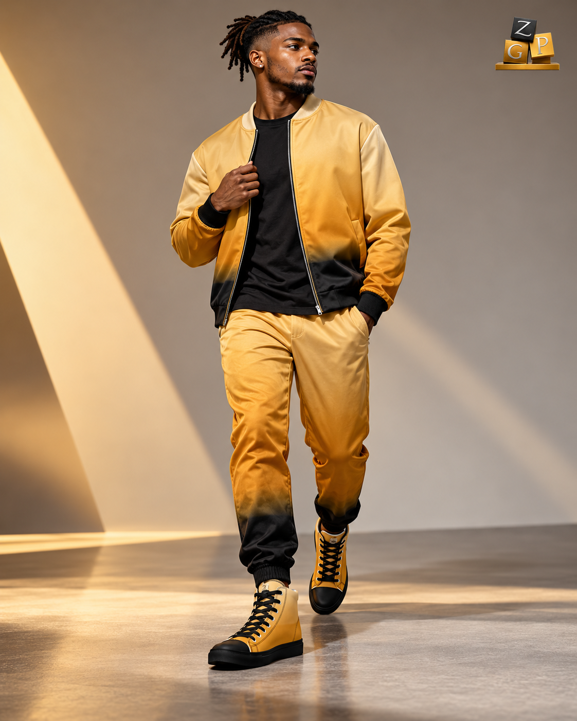 A man walks on a runway wearing the matching yellow-to-black Golden Horizon jacket and pants set with the Golden Horizon high-top sneakers. The background is a minimalist studio with warm spotlighting.